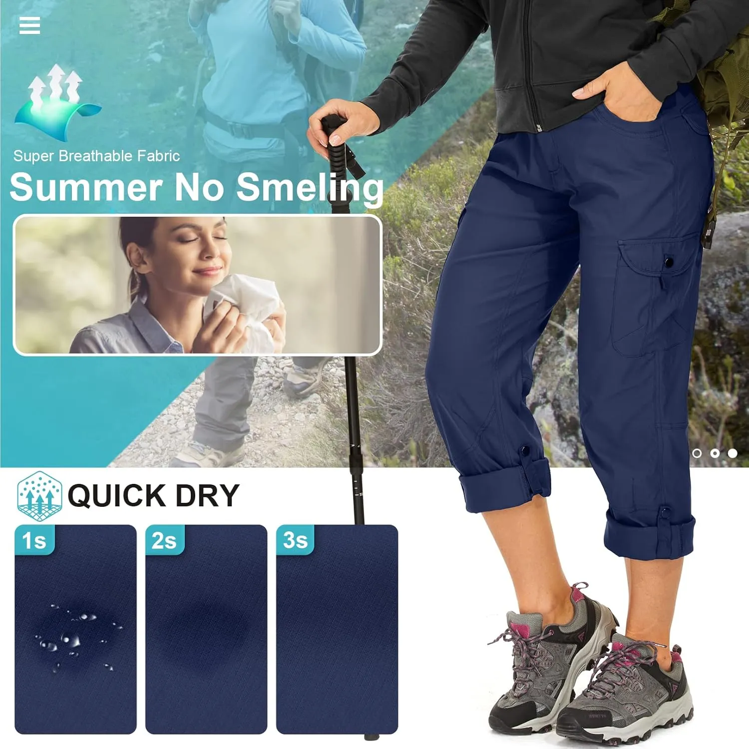 Toomett Women's Hiking Cargo Pants convertible Quick Dry UPF50  Waterproof capri Fishing Safari Travel Pants