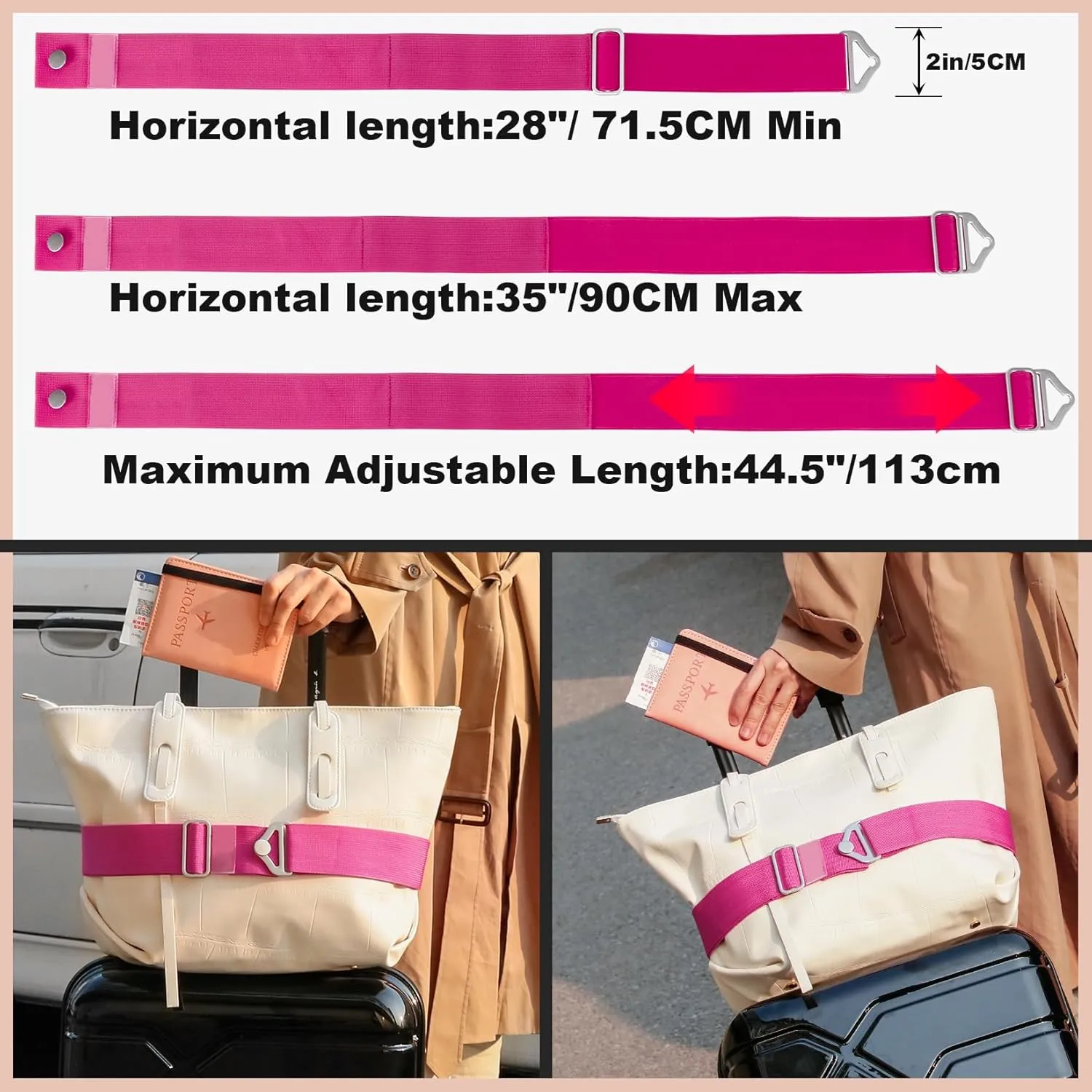 TOOVREN 2-in-1 Travel Belt for Luggage Straps Add a Bag Bungees Suitcase Luggage Strap Over Handle Suitcases Belt for Carry On Bag Adjustable Backpack Attachment Airport Travel Accessories Rose