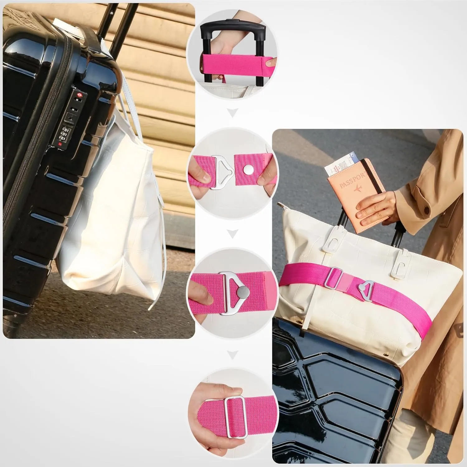 TOOVREN 2-in-1 Travel Belt for Luggage Straps Add a Bag Bungees Suitcase Luggage Strap Over Handle Suitcases Belt for Carry On Bag Adjustable Backpack Attachment Airport Travel Accessories Rose