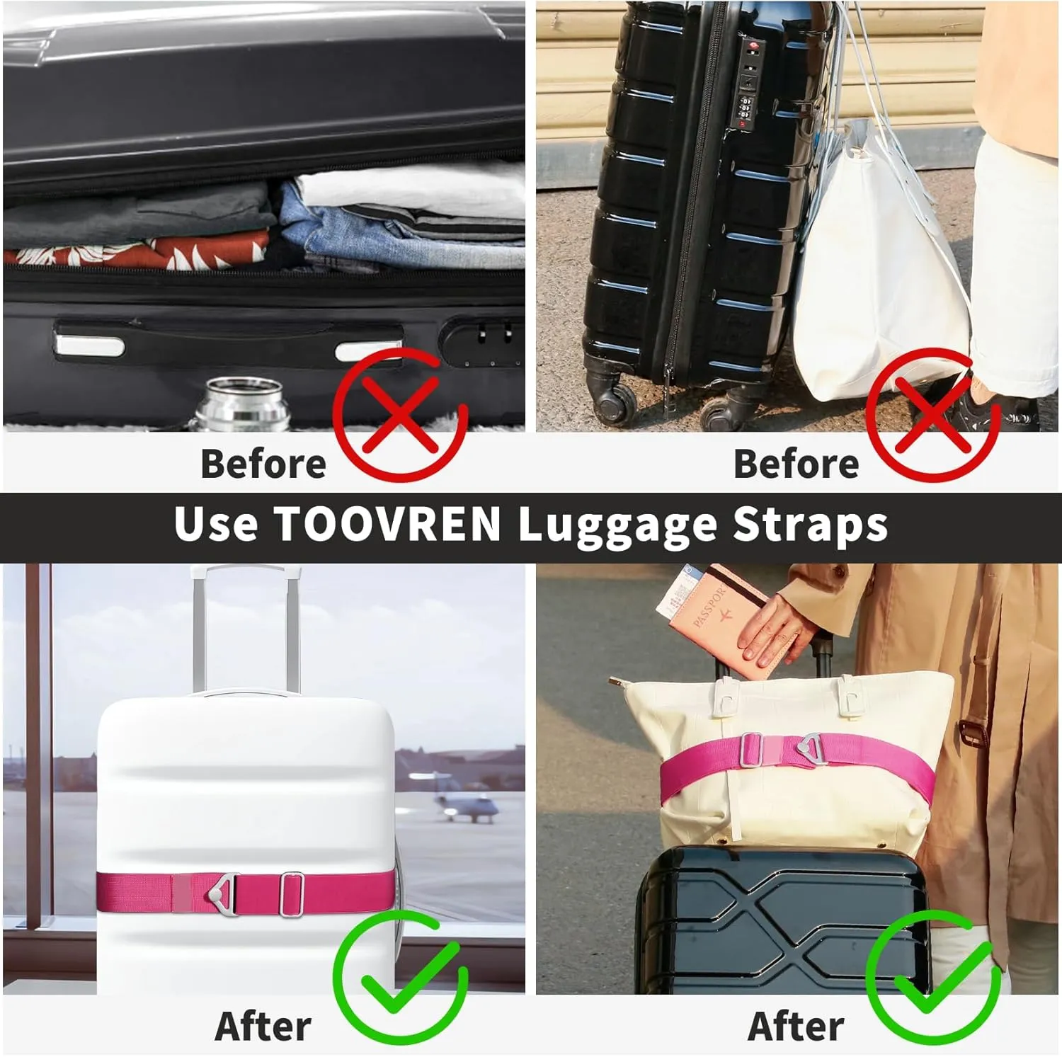 TOOVREN 2-in-1 Travel Belt for Luggage Straps Add a Bag Bungees Suitcase Luggage Strap Over Handle Suitcases Belt for Carry On Bag Adjustable Backpack Attachment Airport Travel Accessories Rose
