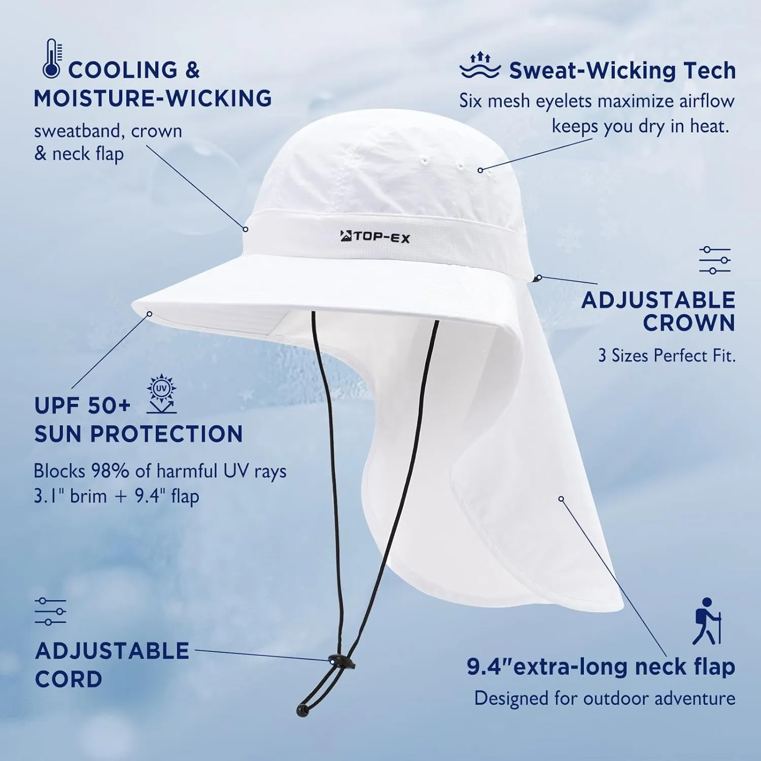 TOP-EX Cooling Sun Hat with Neck Flap – UPF 50  Wide Brim Breathable Hat for Hiking, Fishing & Big Heads