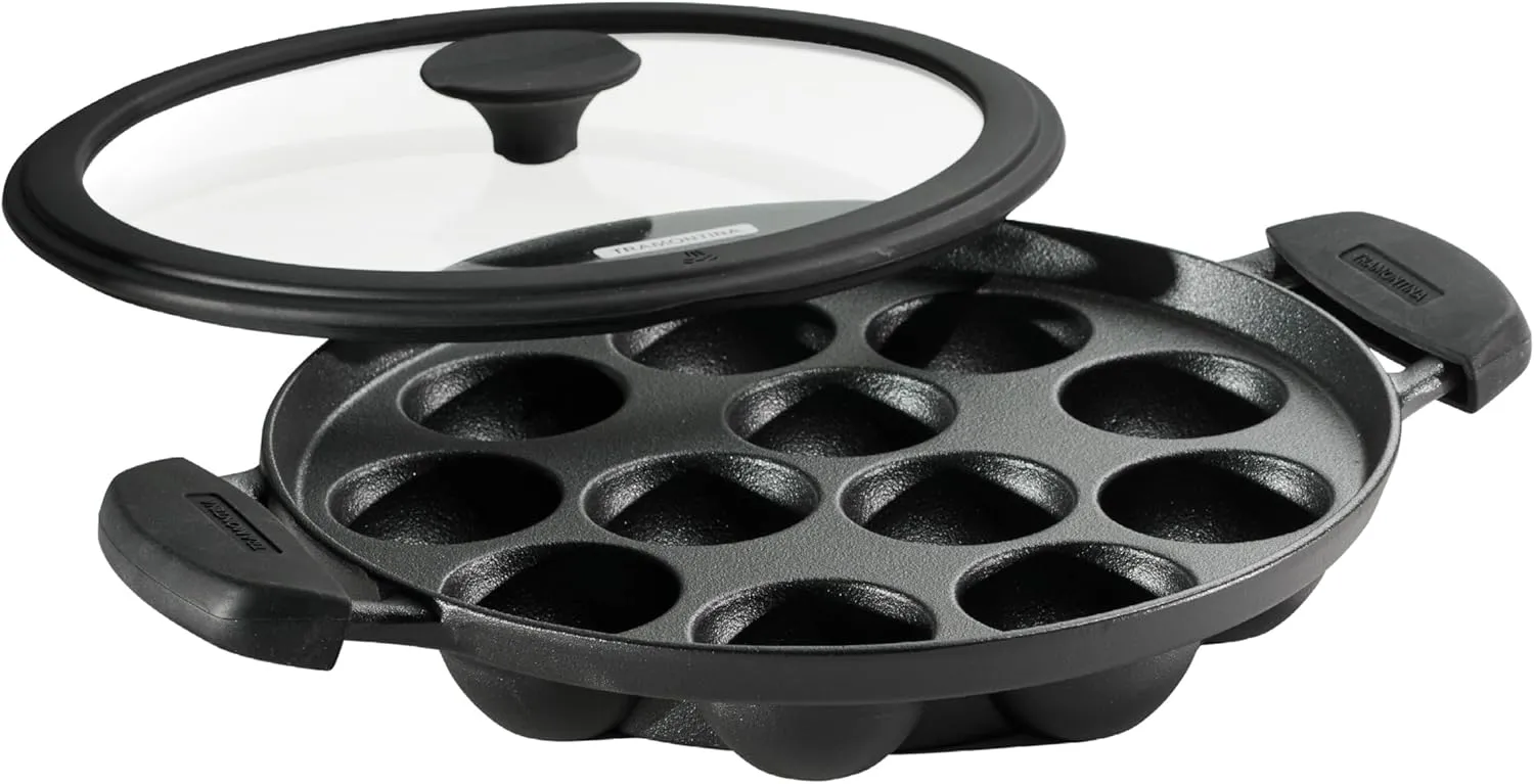 Tramontina Utsava Pre-Seasoned Cast Iron Appam Pan, 12-Hole Appe Pan with Lid, Great for Paniyaram, Takoyaki and more