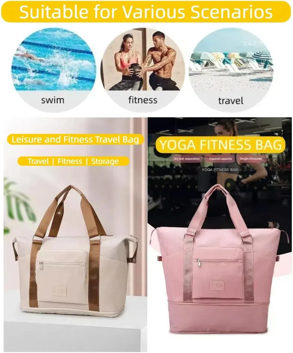 Travel Duffel Bag,Sports Tote Gym Bag,Scalable Capacity Bag,Waterproof Bag,Dry Wet Separation Package，Hand/Shoulder Dual Use (Creamy white)