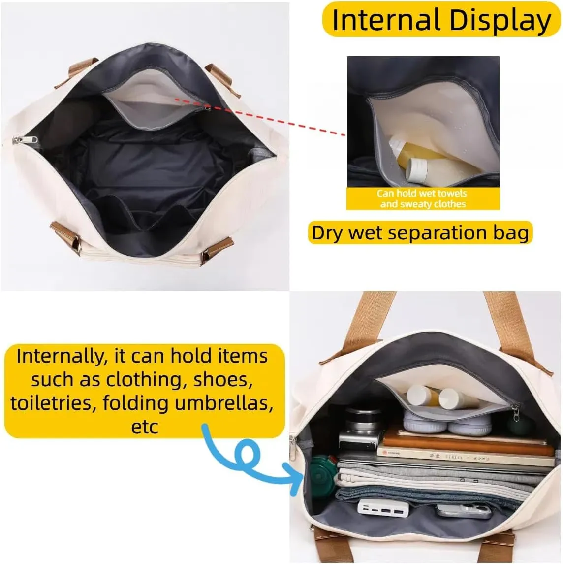 Travel Duffel Bag,Sports Tote Gym Bag,Scalable Capacity Bag,Waterproof Bag,Dry Wet Separation Package，Hand/Shoulder Dual Use (khaki)