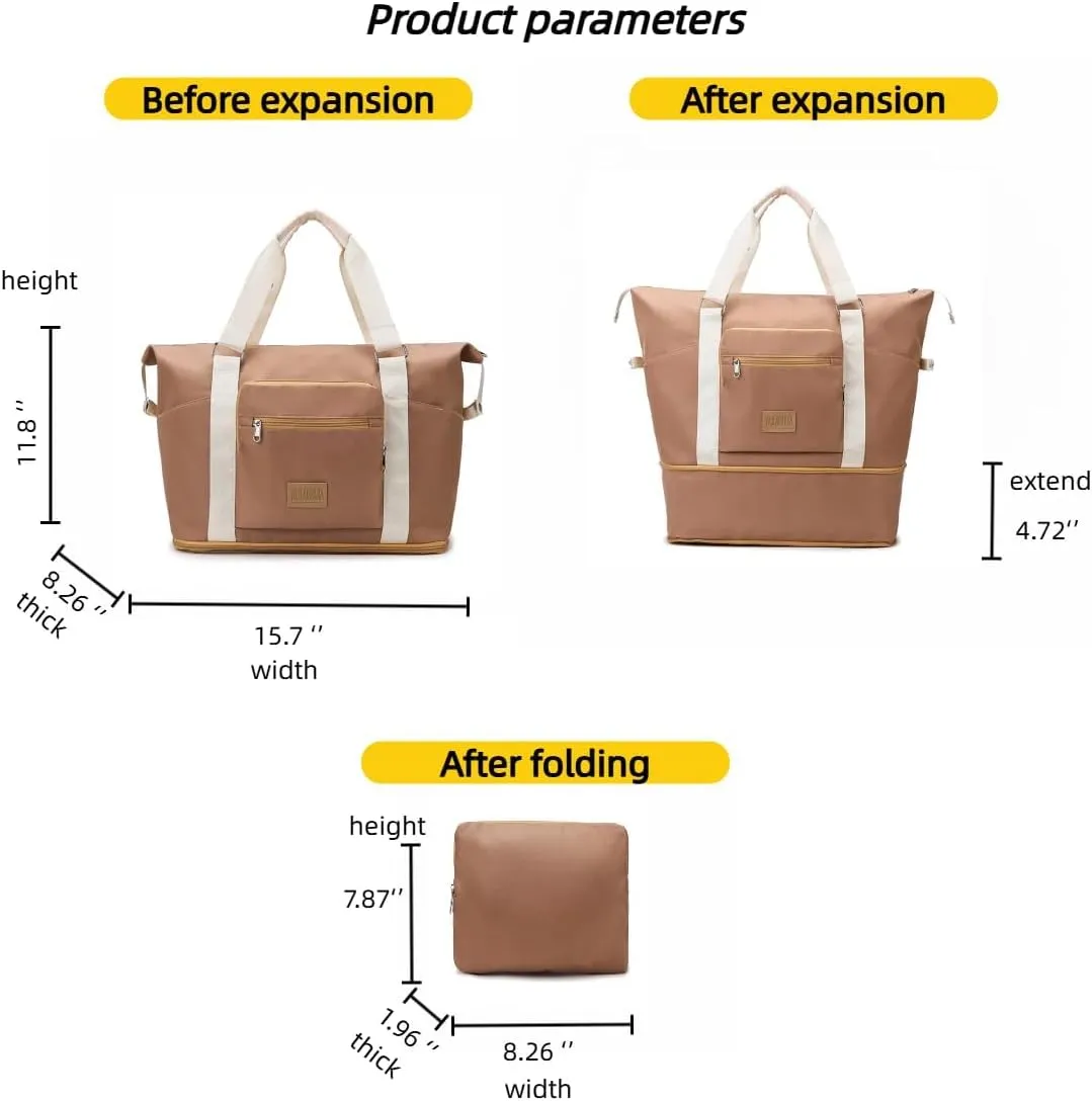 Travel Duffel Bag,Sports Tote Gym Bag,Scalable Capacity Bag,Waterproof Bag,Dry Wet Separation Package，Hand/Shoulder Dual Use (khaki)