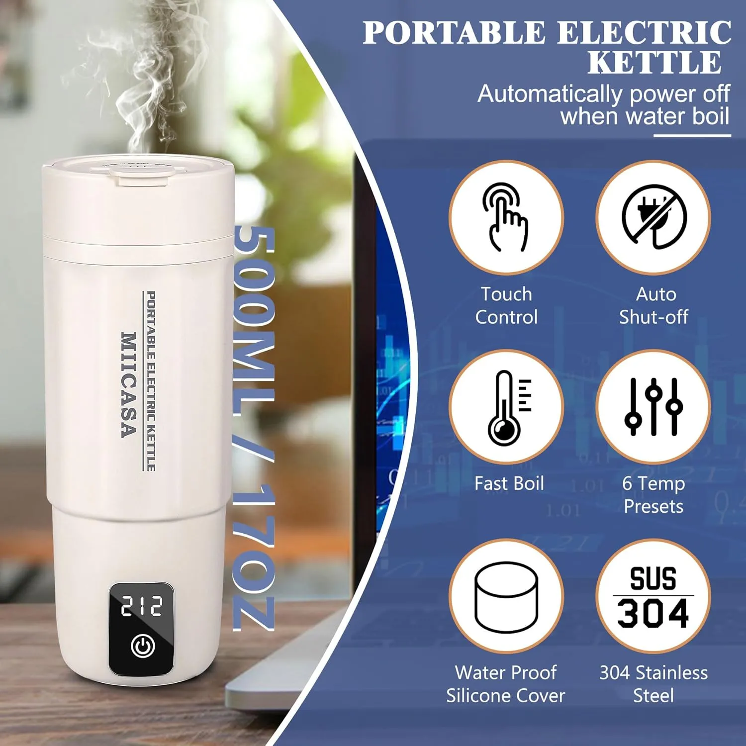 Travel Electric Kettle,Miicasa Small Electric Kettle,Water Boiler with Anti Fall Boot,6 Temperature Control,304 Stainless Steel Auto Shut-Off and Boil Dry Protection,17oz
