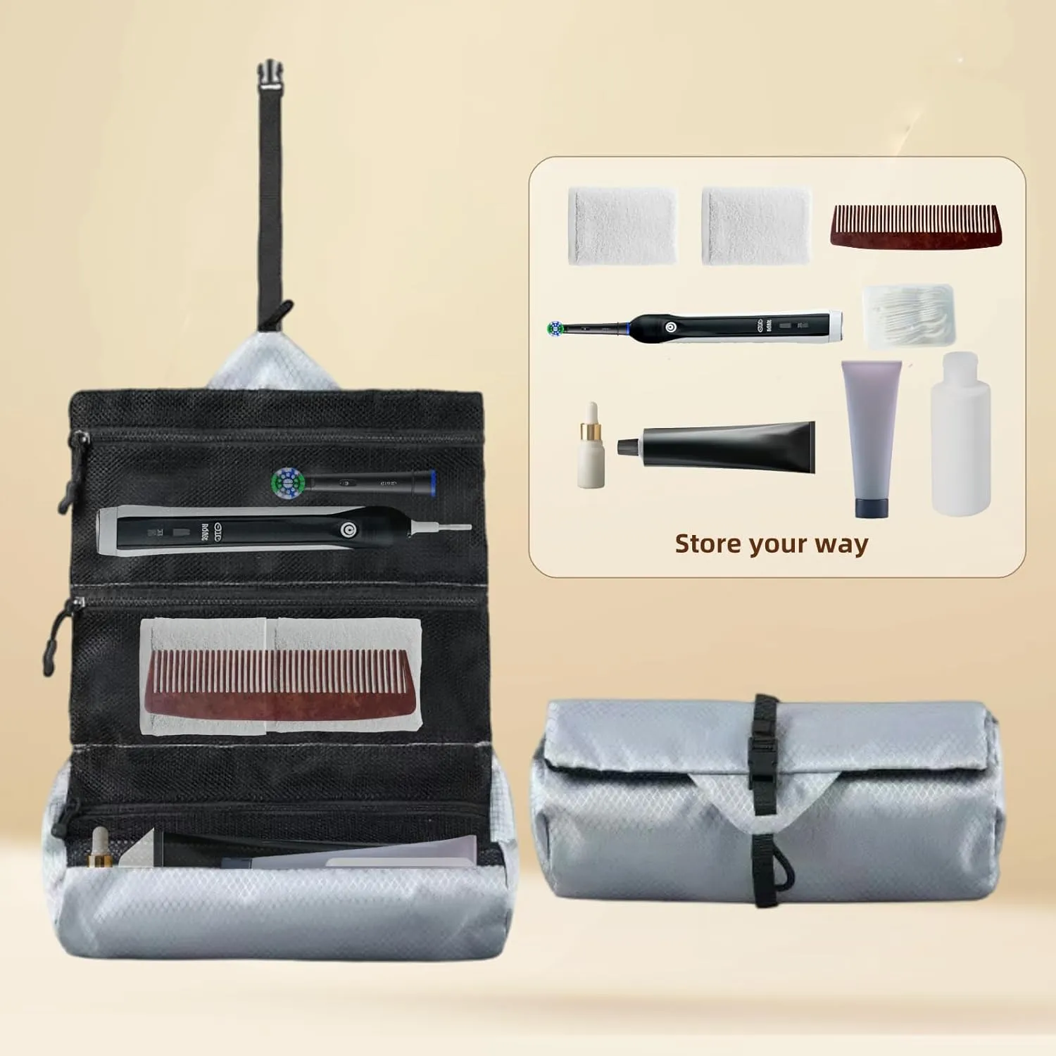 Travel Foldable Toiletry Bags for Women & Men Water-resistant Shaving Bag for Toiletries Accessories Makeup & Travel Essentials Lightweight Durable & Portable Organizer (Silvery)