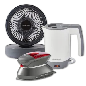 Travel Kettle, Travel Iron and Grey Air Flex 6” Portable Oscillating USB Fan Set
