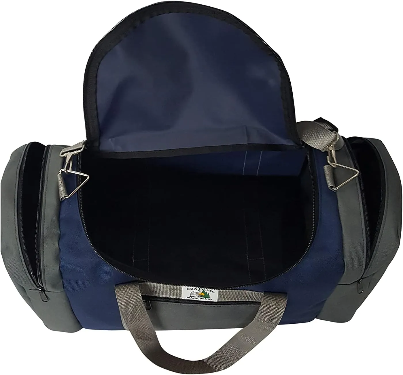 Triple Carry-on with U Opening, two Separate Compartment One on Each End, plus Front Pocket. (Navy/gray)