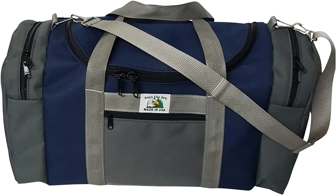 Triple Carry-on with U Opening, two Separate Compartment One on Each End, plus Front Pocket. (Navy/gray)