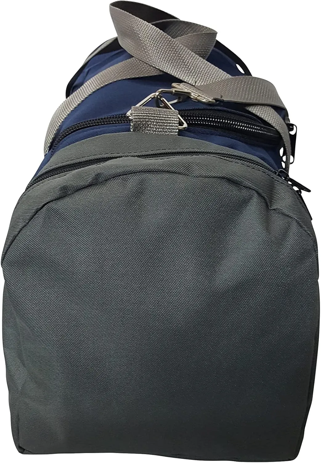 Triple Carry-on with U Opening, two Separate Compartment One on Each End, plus Front Pocket. (Navy/gray)