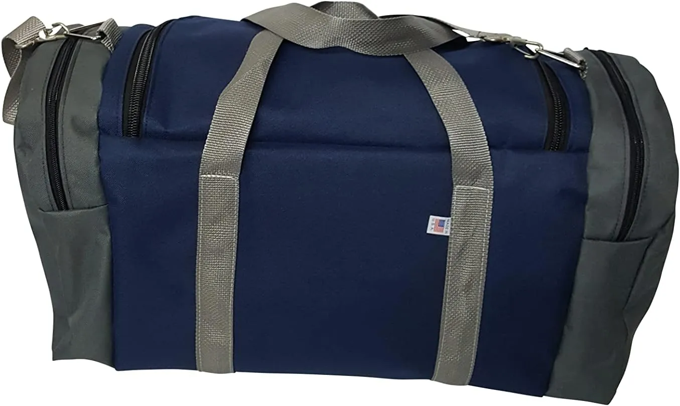 Triple Carry-on with U Opening, two Separate Compartment One on Each End, plus Front Pocket. (Navy/gray)