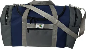 Triple Carry-on with U Opening, two Separate Compartment One on Each End, plus Front Pocket. (Navy/gray)
