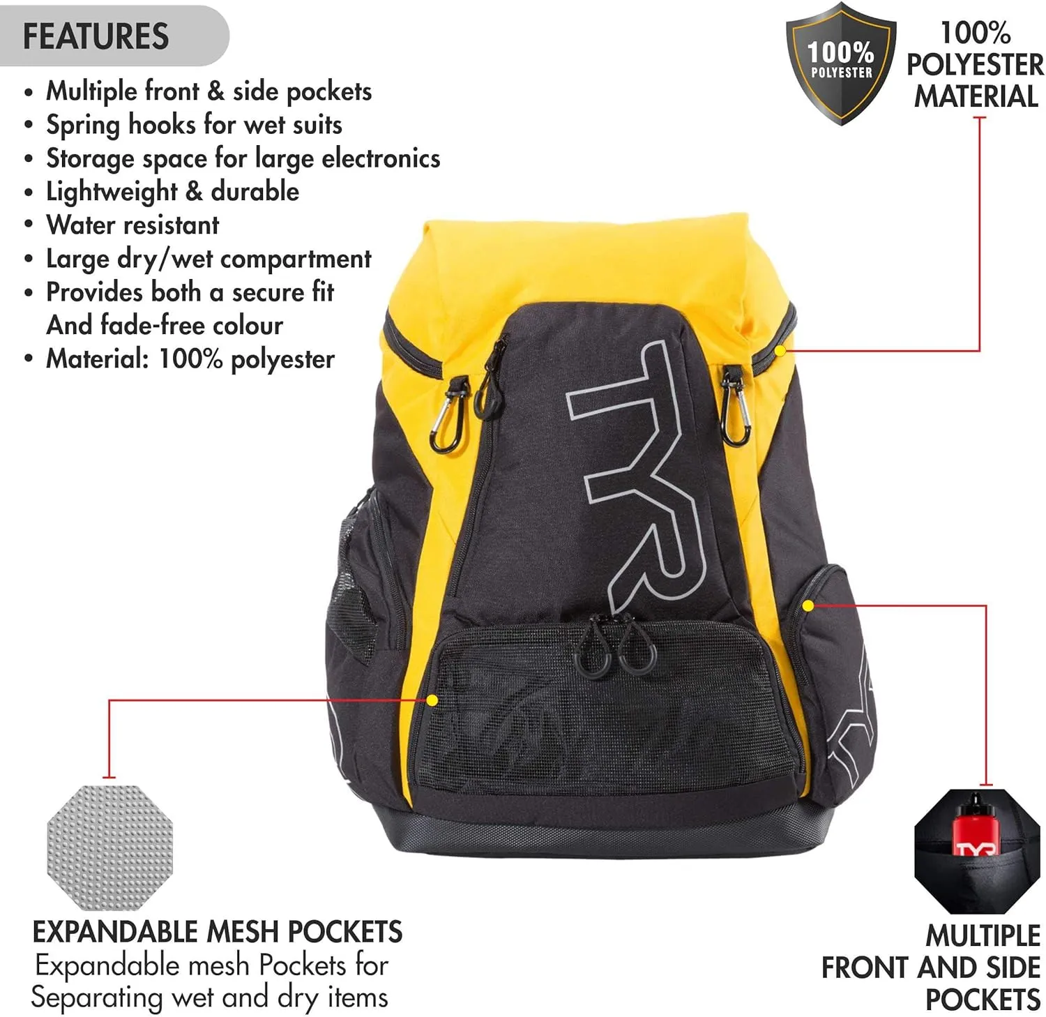 TYR Alliance Backpack, Black/Gold, 45 Liter