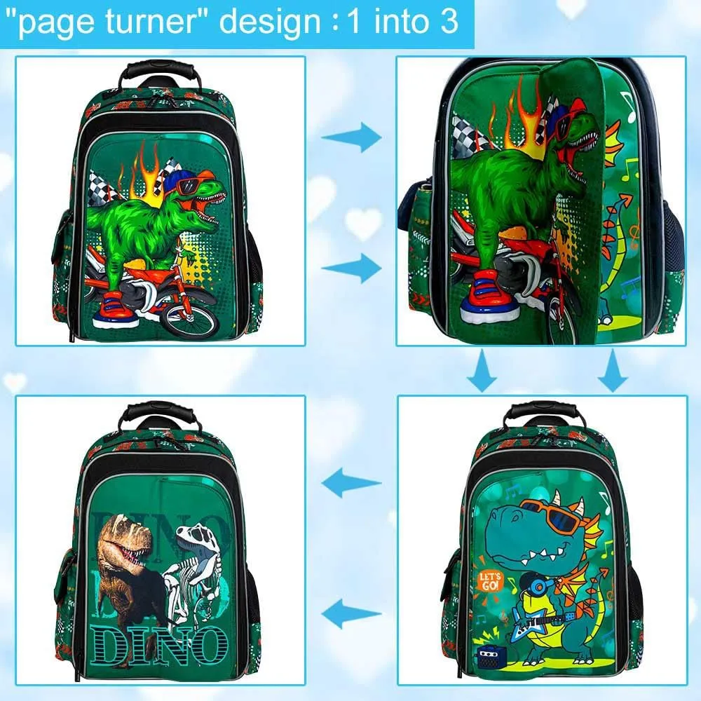 UFNDC 3PCS Boys Dinosaur Backpack, Kids Bookbag With Lunch Box, Water Resistant School Bag For Elementary Preschool Toddler