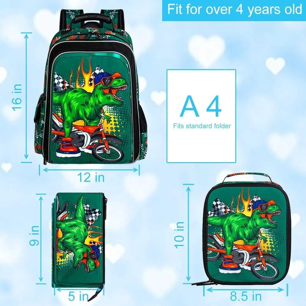 UFNDC 3PCS Boys Dinosaur Backpack, Kids Bookbag With Lunch Box, Water Resistant School Bag For Elementary Preschool Toddler