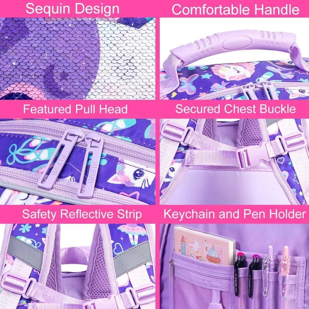 UFNDC 3PCS Cat Backpack for Girls, 16”Kids Sequin Bookbag with Lunch Box, Water Resistant School Bag for Elementary Preschool Toddler