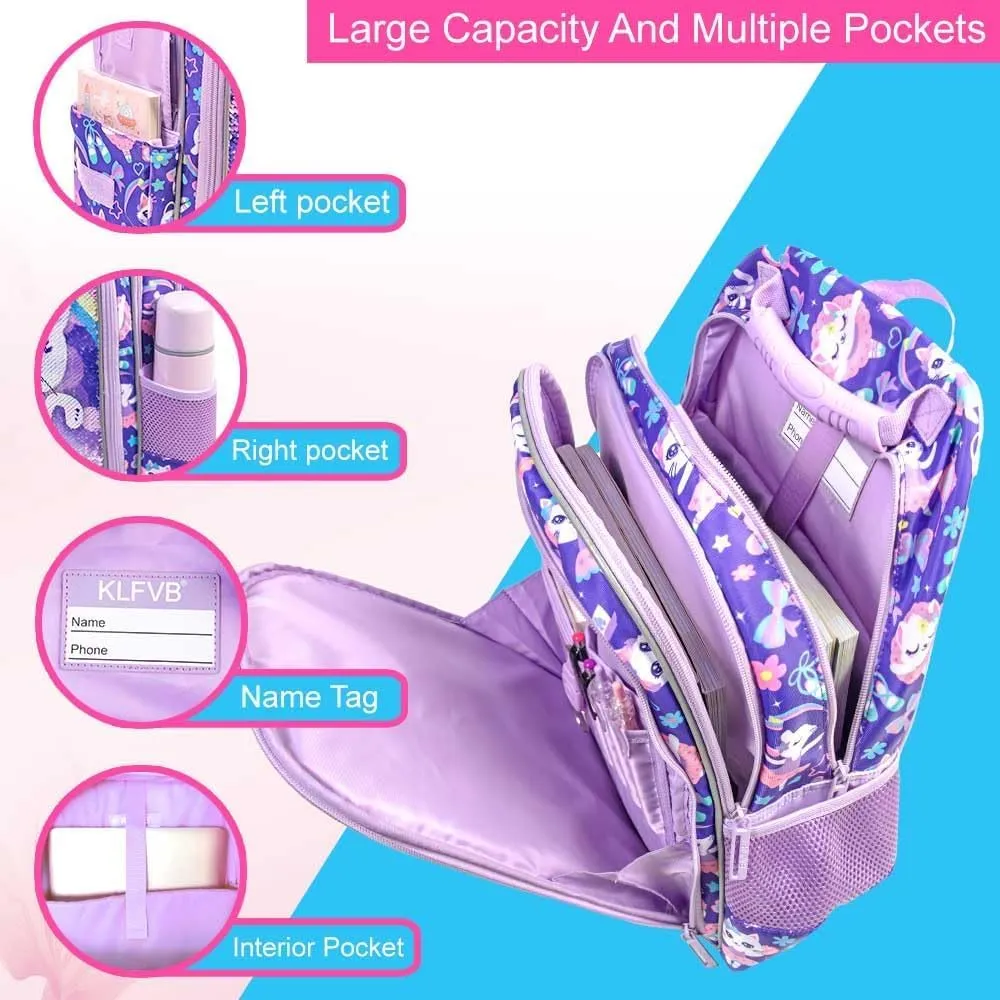 UFNDC 3PCS Cat Backpack for Girls, 16”Kids Sequin Bookbag with Lunch Box, Water Resistant School Bag for Elementary Preschool Toddler