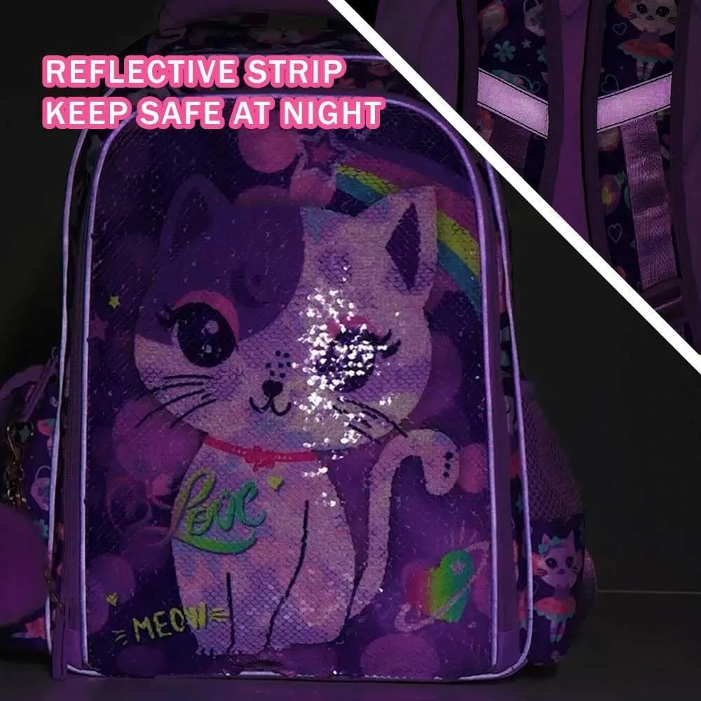 UFNDC 3PCS Cat Backpack for Girls, 16”Kids Sequin Bookbag with Lunch Box, Water Resistant School Bag for Elementary Preschool Toddler