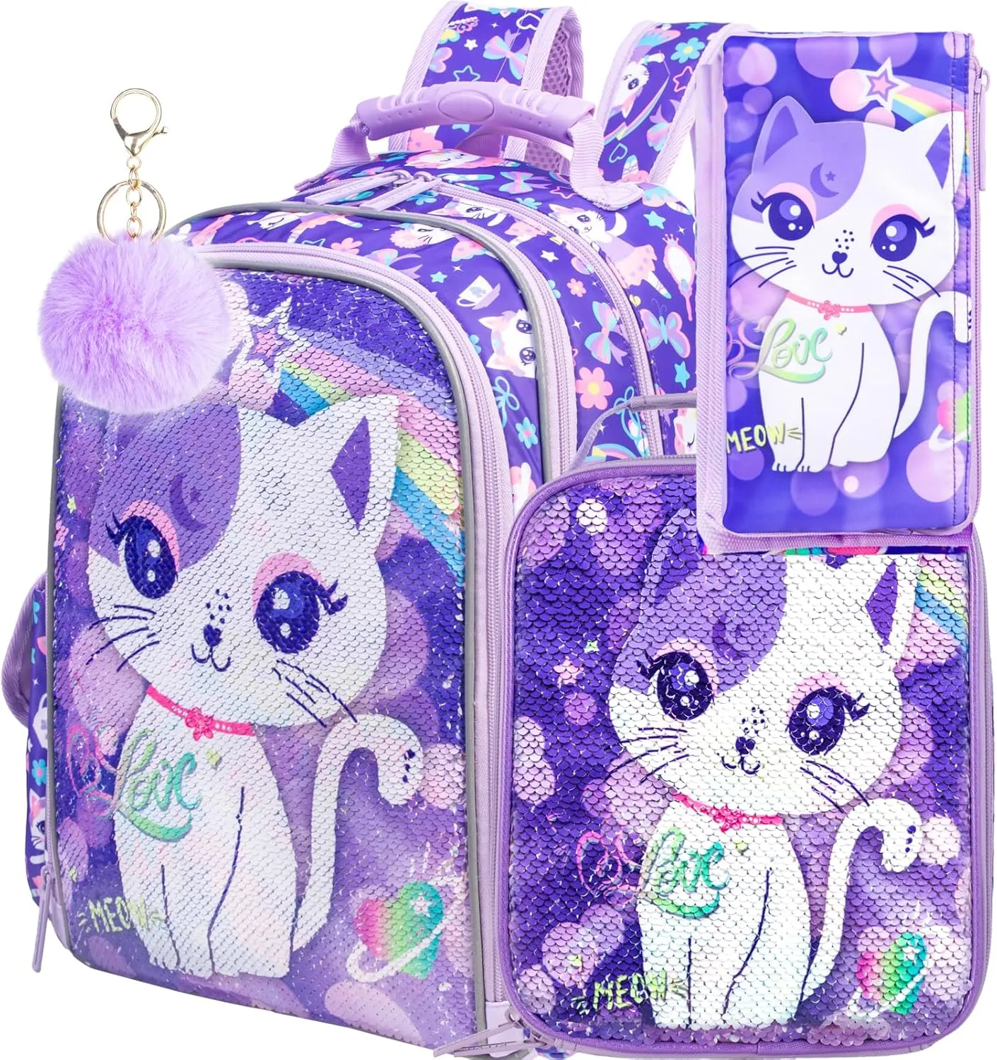UFNDC 3PCS Cat Backpack for Girls, 16”Kids Sequin Bookbag with Lunch Box, Water Resistant School Bag for Elementary Preschool Toddler