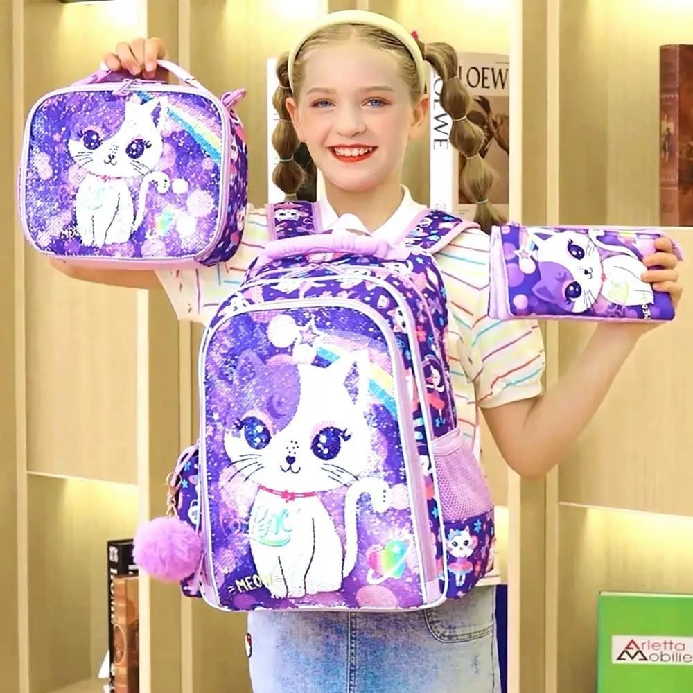UFNDC 3PCS Cat Backpack for Girls, 16”Kids Sequin Bookbag with Lunch Box, Water Resistant School Bag for Elementary Preschool Toddler