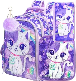 UFNDC 3PCS Cat Backpack for Girls, 16”Kids Sequin Bookbag with Lunch Box, Water Resistant School Bag for Elementary Preschool Toddler