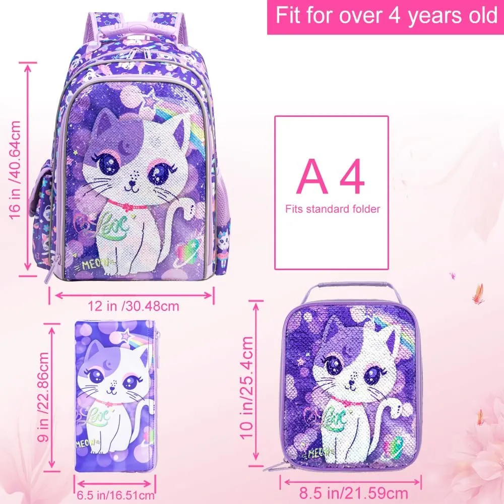UFNDC 3PCS Cat Backpack for Girls, 16”Kids Sequin Bookbag with Lunch Box, Water Resistant School Bag for Elementary Preschool Toddler