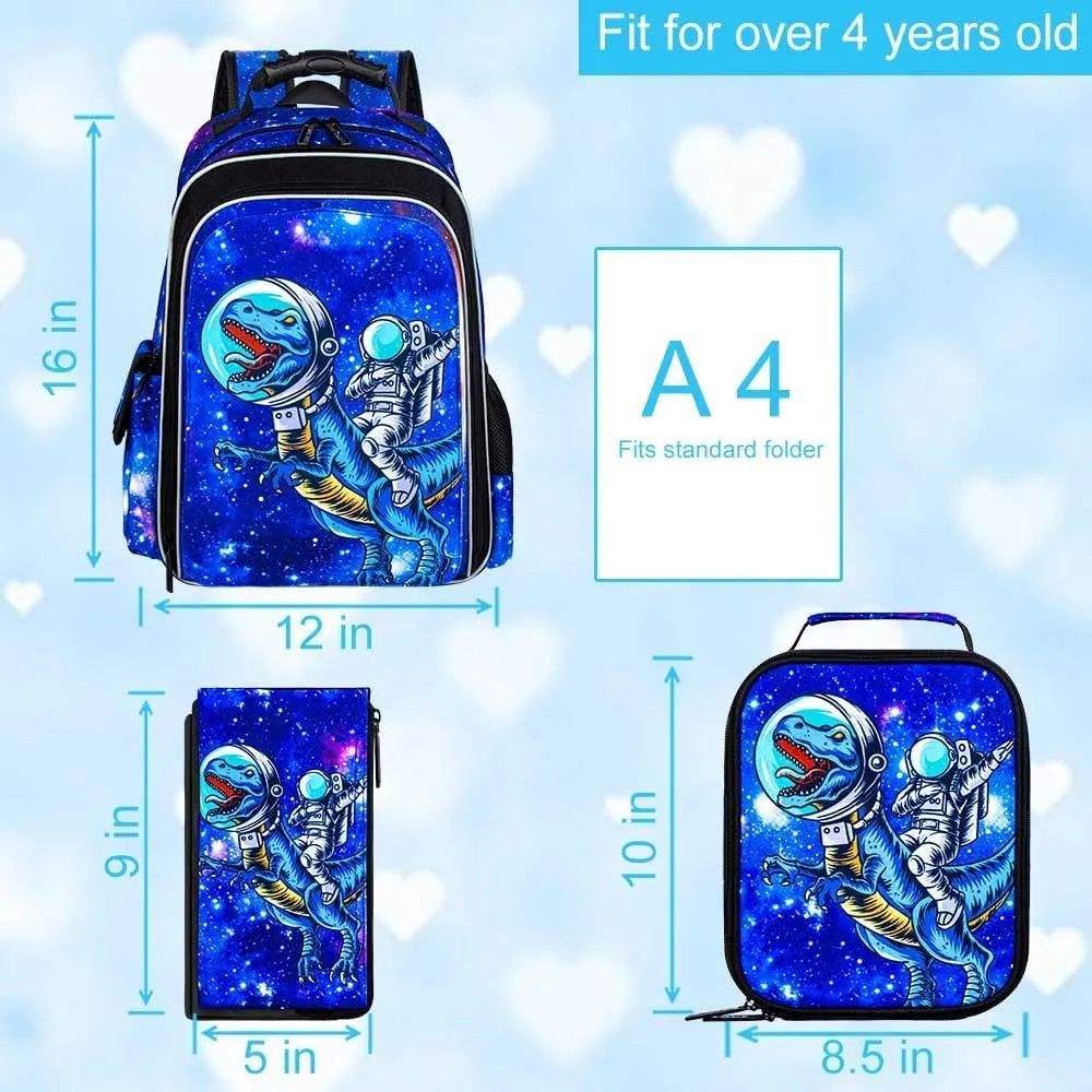 UFNDC 3PCS Dinosaur Backpack for Boys, Kids Preschool Bookbag with Lunch Box, 16" Water Resistant School Bag for Elementary Toddler
