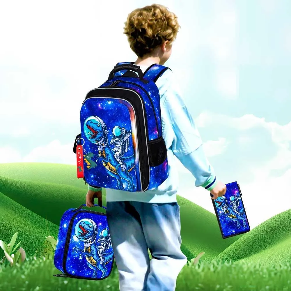 UFNDC 3PCS Dinosaur Backpack for Boys, Kids Preschool Bookbag with Lunch Box, 16" Water Resistant School Bag for Elementary Toddler