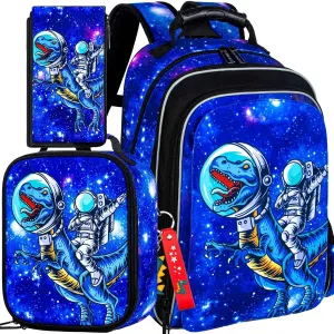 UFNDC 3PCS Dinosaur Backpack for Boys, Kids Preschool Bookbag with Lunch Box, 16" Water Resistant School Bag for Elementary Toddler