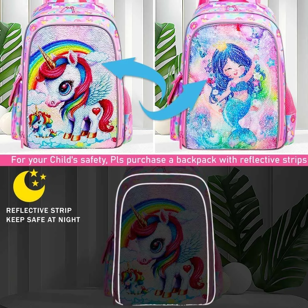 UFNDC 3PCS Unicorn Backpack, 16”Kids Sequin Bookbag for Girls with Lunch Box, Water Resistant School Bag for Elementary Preschool Toddler