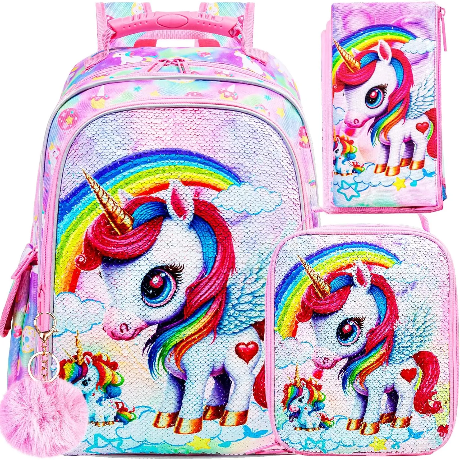 UFNDC 3PCS Unicorn Backpack, 16”Kids Sequin Bookbag for Girls with Lunch Box, Water Resistant School Bag for Elementary Preschool Toddler