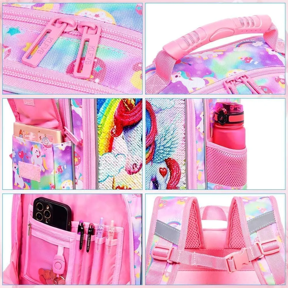 UFNDC 3PCS Unicorn Backpack, 16”Kids Sequin Bookbag for Girls with Lunch Box, Water Resistant School Bag for Elementary Preschool Toddler