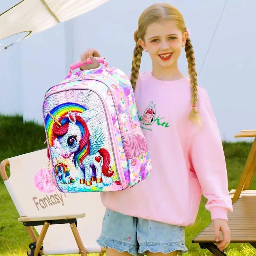 UFNDC 3PCS Unicorn Backpack, 16”Kids Sequin Bookbag for Girls with Lunch Box, Water Resistant School Bag for Elementary Preschool Toddler