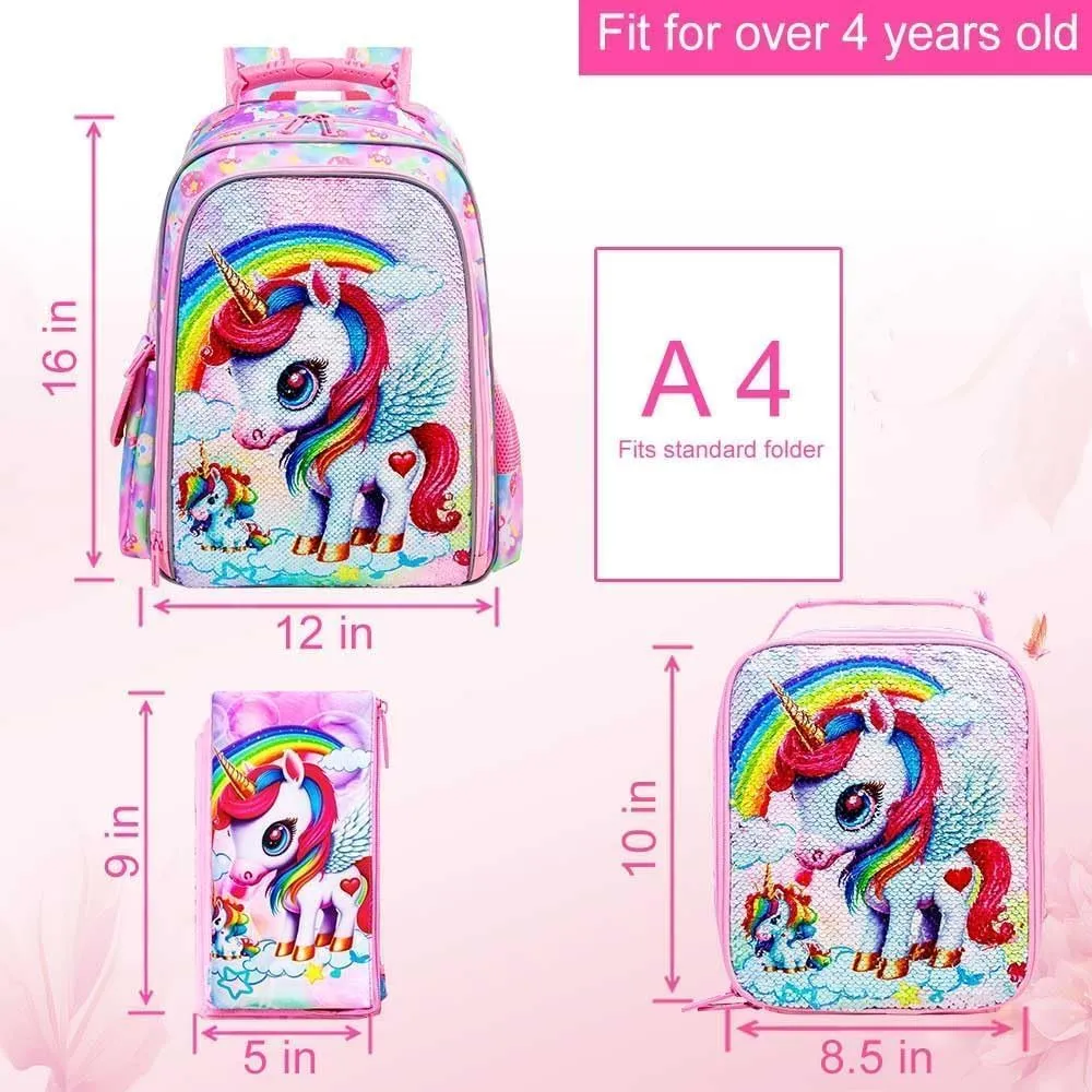 UFNDC 3PCS Unicorn Backpack, 16”Kids Sequin Bookbag for Girls with Lunch Box, Water Resistant School Bag for Elementary Preschool Toddler