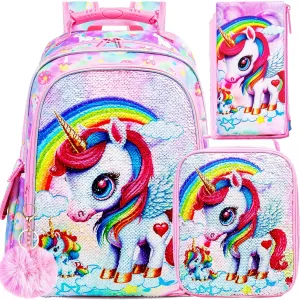 UFNDC 3PCS Unicorn Backpack, 16”Kids Sequin Bookbag for Girls with Lunch Box, Water Resistant School Bag for Elementary Preschool Toddler