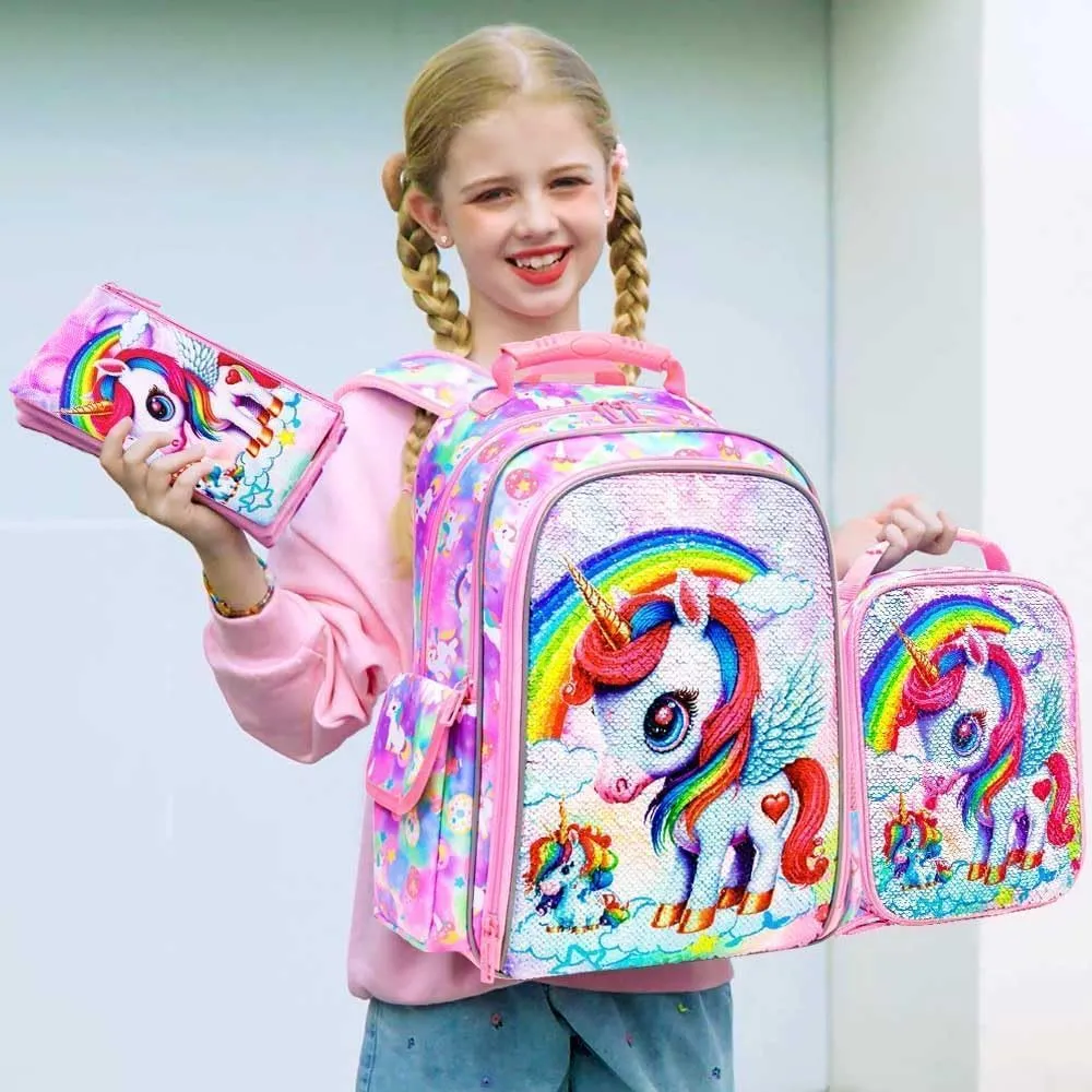 UFNDC 3PCS Unicorn Backpack, 16”Kids Sequin Bookbag for Girls with Lunch Box, Water Resistant School Bag for Elementary Preschool Toddler