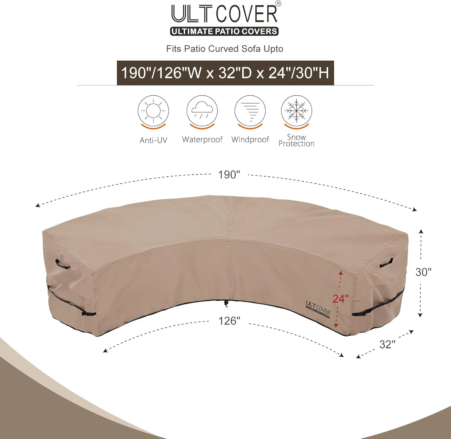 ULTCOVER Patio Curved Sofa Cover Waterproof for 5-7 Seater Outdoor Sectional Furniture Couch 190"(Back Arc Length) / 126"(Front Arc Length) x 32"(Deep)