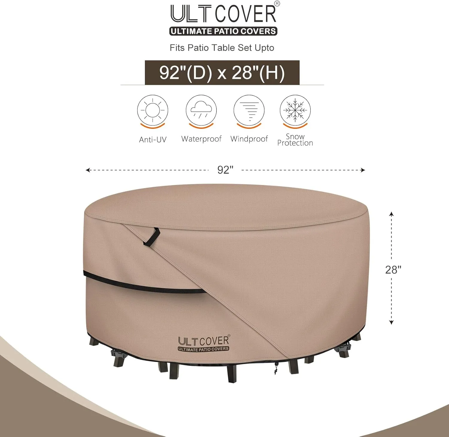 ULTCOVER Round Patio Furniture Cover - Outdoor Waterproof Table with Chair Set Cover 92 inch