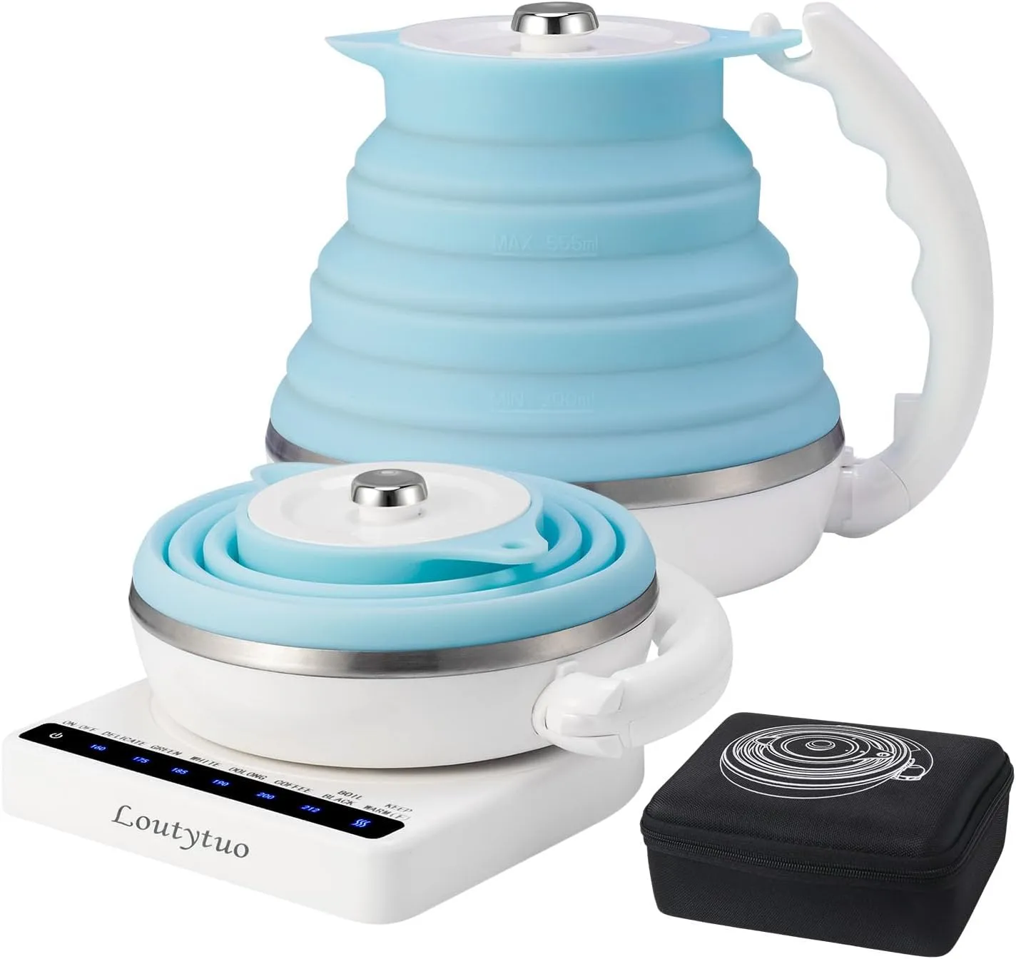 Ultrathin Food Grade Silicone Travel Foldable Electric Kettle Variable Temperature Control with Travel Bag, Dual Voltage & Auto Shut off & Boil Dry Protection & Keep Warm, 555ML 100-240V US Plug