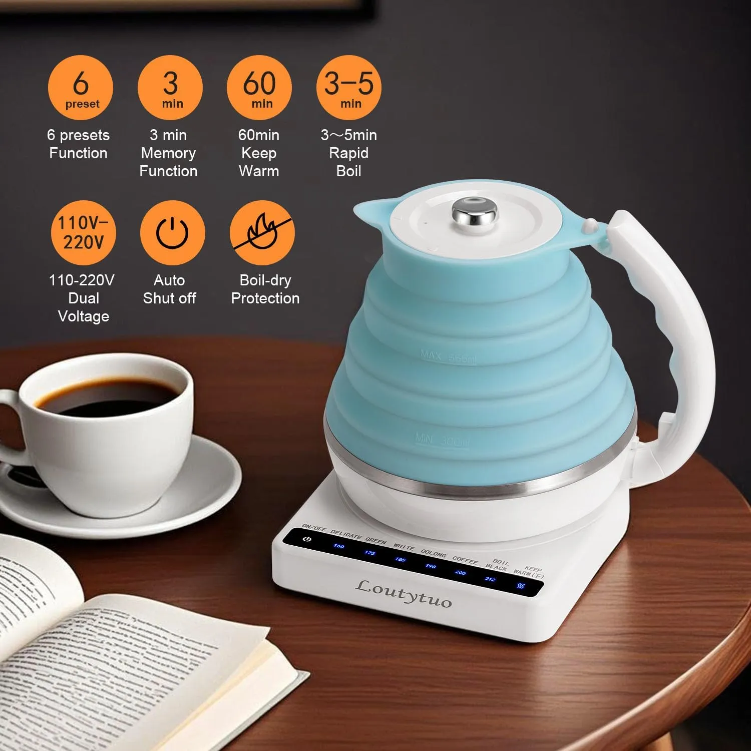 Ultrathin Food Grade Silicone Travel Foldable Electric Kettle Variable Temperature Control with Travel Bag, Dual Voltage & Auto Shut off & Boil Dry Protection & Keep Warm, 555ML 100-240V US Plug