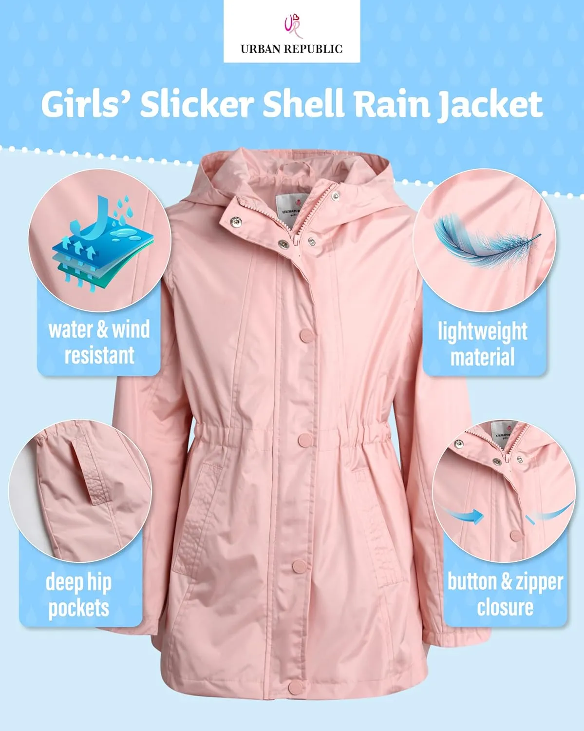 URBAN REPUBLIC Girls Rain Jacket - Lightweight Raincoat for Girls Slicker Shell Windbreaker Hooded Kids Raincoat (Size 7-16)