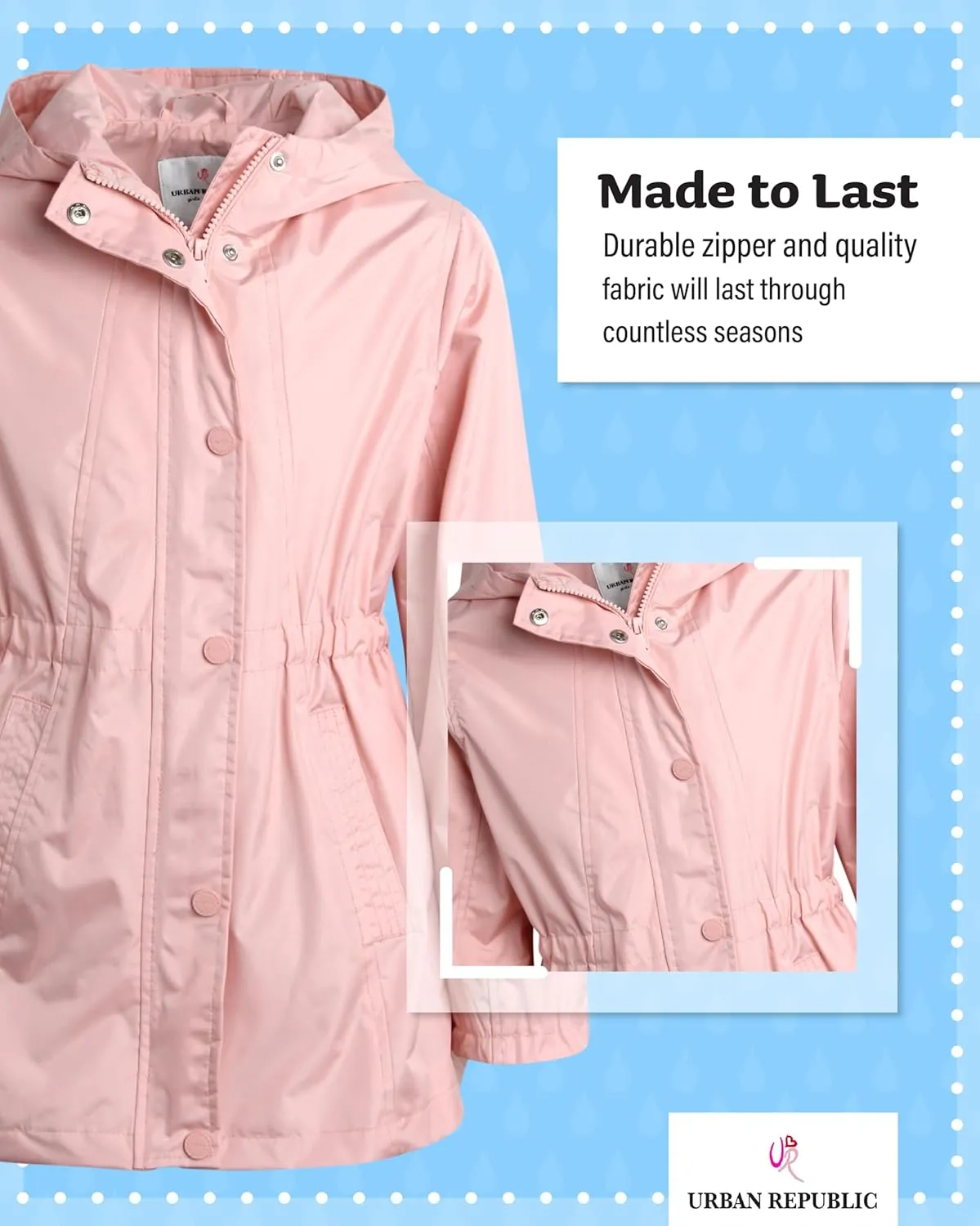 URBAN REPUBLIC Girls Rain Jacket - Lightweight Raincoat for Girls Slicker Shell Windbreaker Hooded Kids Raincoat (Size 7-16)
