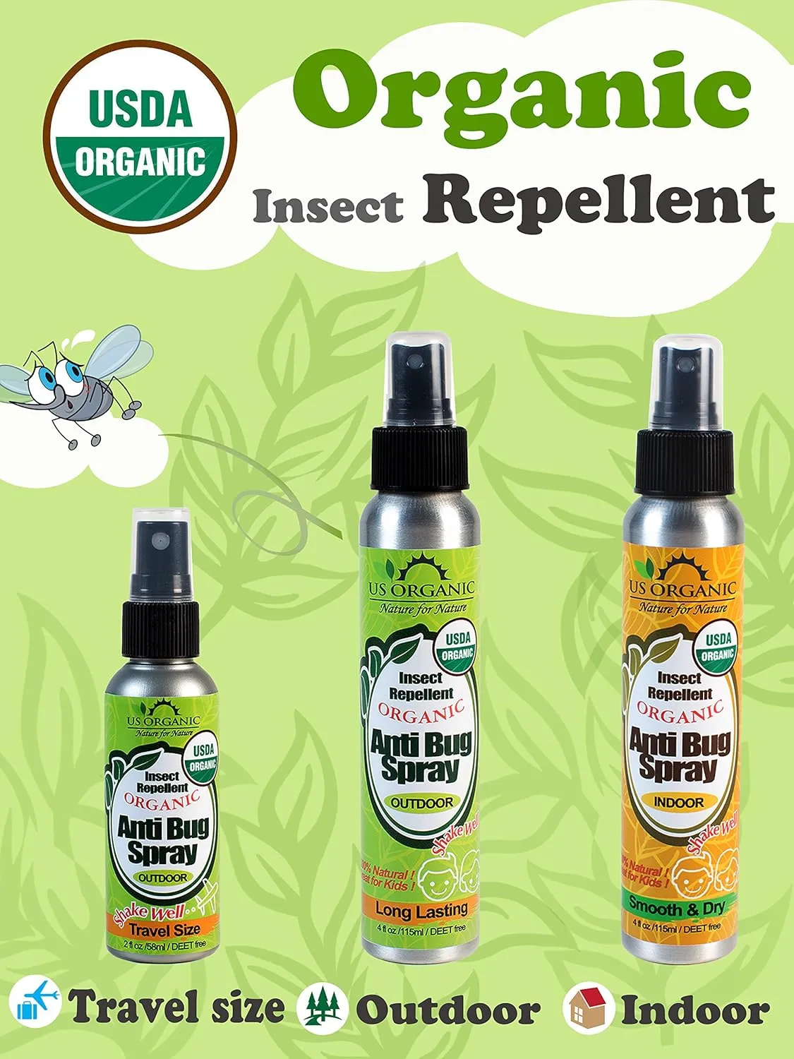 US Organic Mosquito Repellent Anti Bug Outdoor Pump Sprays, USDA Certification, Cruelty Free, Proven Results by Lab Testing, Deet-Free (4 oz - Value 2 Pack)
