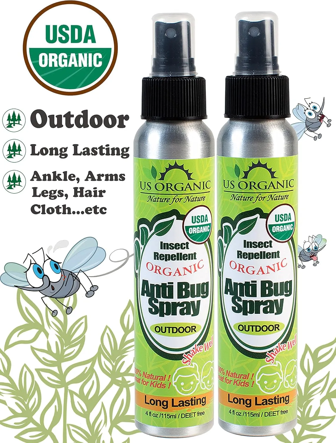 US Organic Mosquito Repellent Anti Bug Outdoor Pump Sprays, USDA Certification, Cruelty Free, Proven Results by Lab Testing, Deet-Free (4 oz - Value 2 Pack)