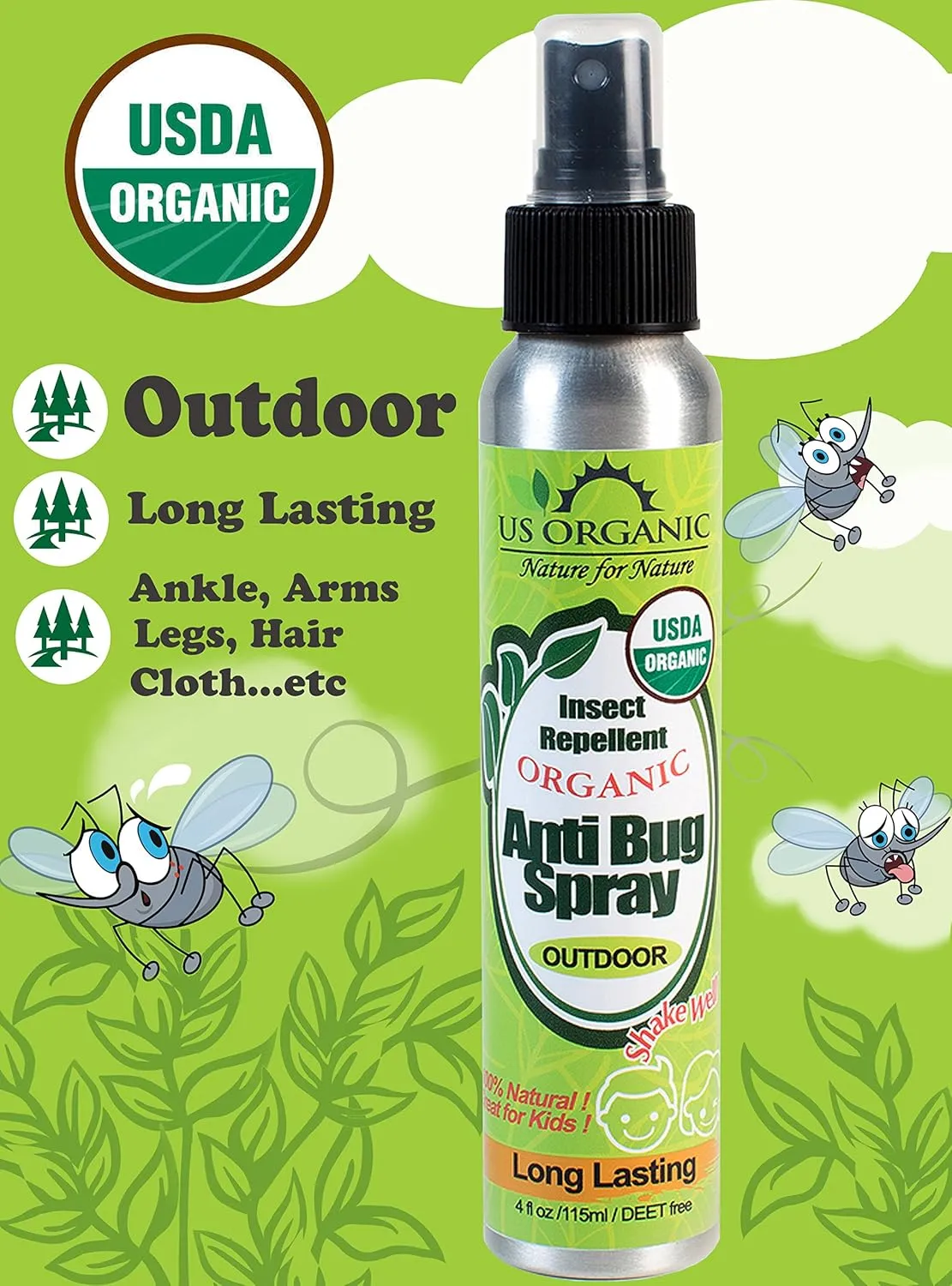 US Organic Organic Mosquito Repellent Anti Bug Outdoor Pump Sprays, 4 Ounces, Certified Organic, Proven Results by lab Testing, deet-Free