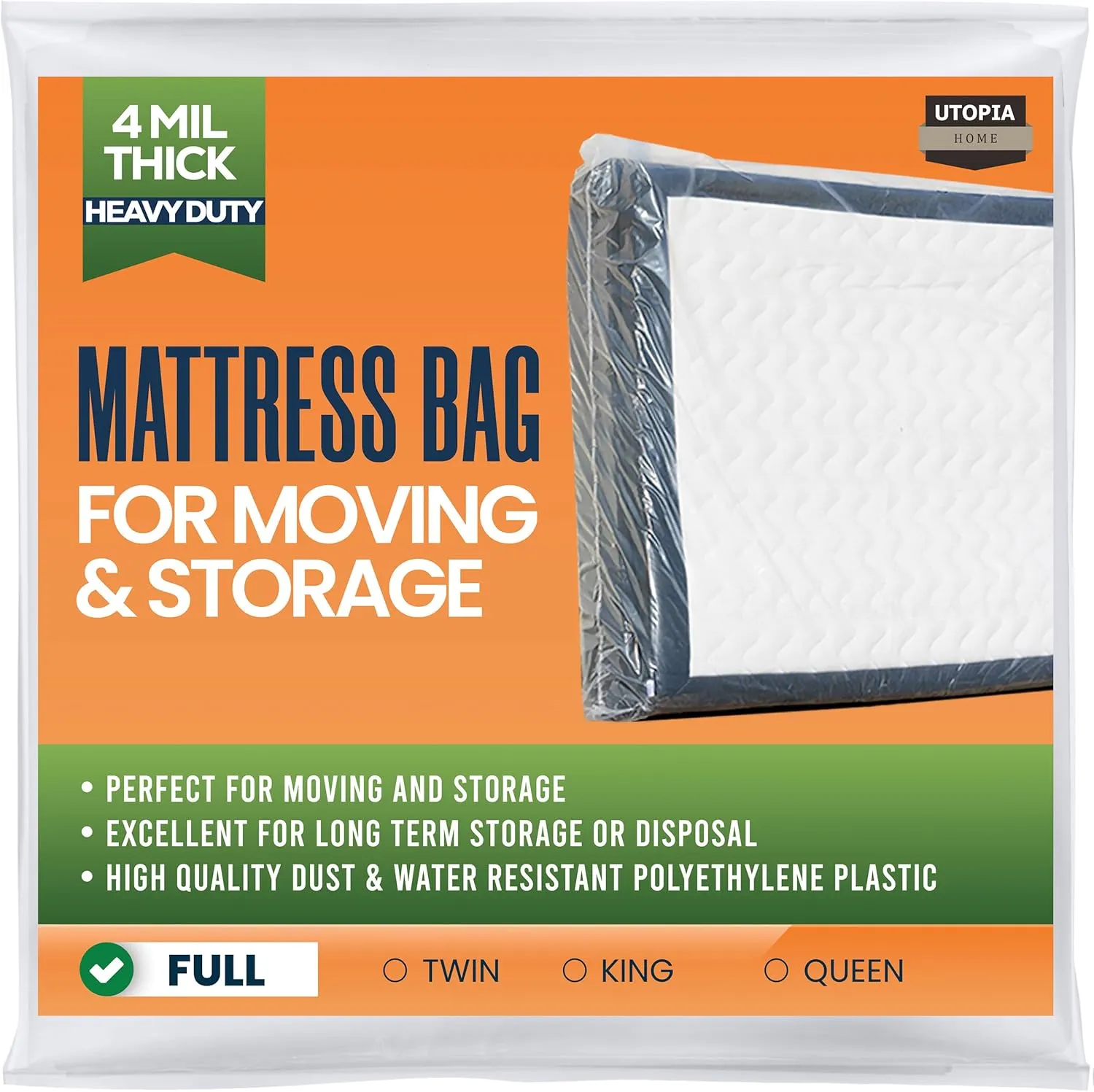 Utopia Home Full Size Mattress Bag for Moving, 4 Mil Heavy Duty Plastic Storage Bag, Mattress Encasement Cover Fits Mattresses up to 14 Inches