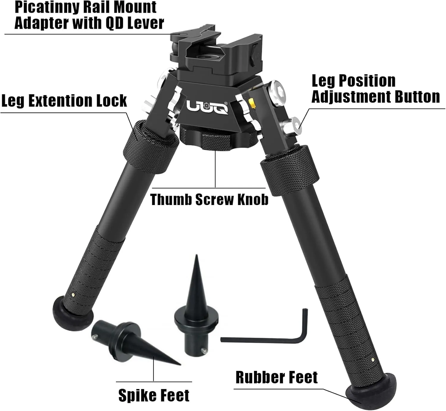 UUQ QV8 6’- 9’Tactical Rifle Adjustable Bipod, CNC Quick Detach Lever for Picatinny Rail Mount(360 Degree Swivel), for Hunting Shooting and Outdoors, w/Spike Feet