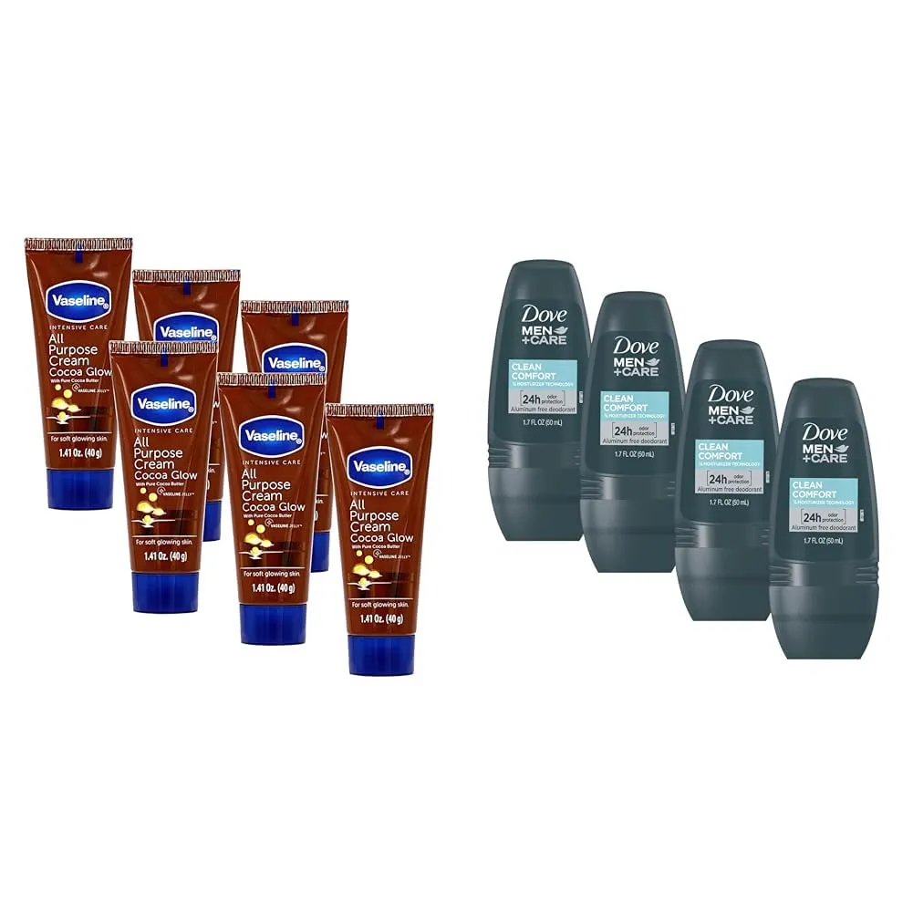 Vaseline Cocoa Butter Cream 6-Pack and Dove Men Clean Comfort Deodorant 4-Pack Bundle, 1.41 FL Oz and 1.7 Fl Oz