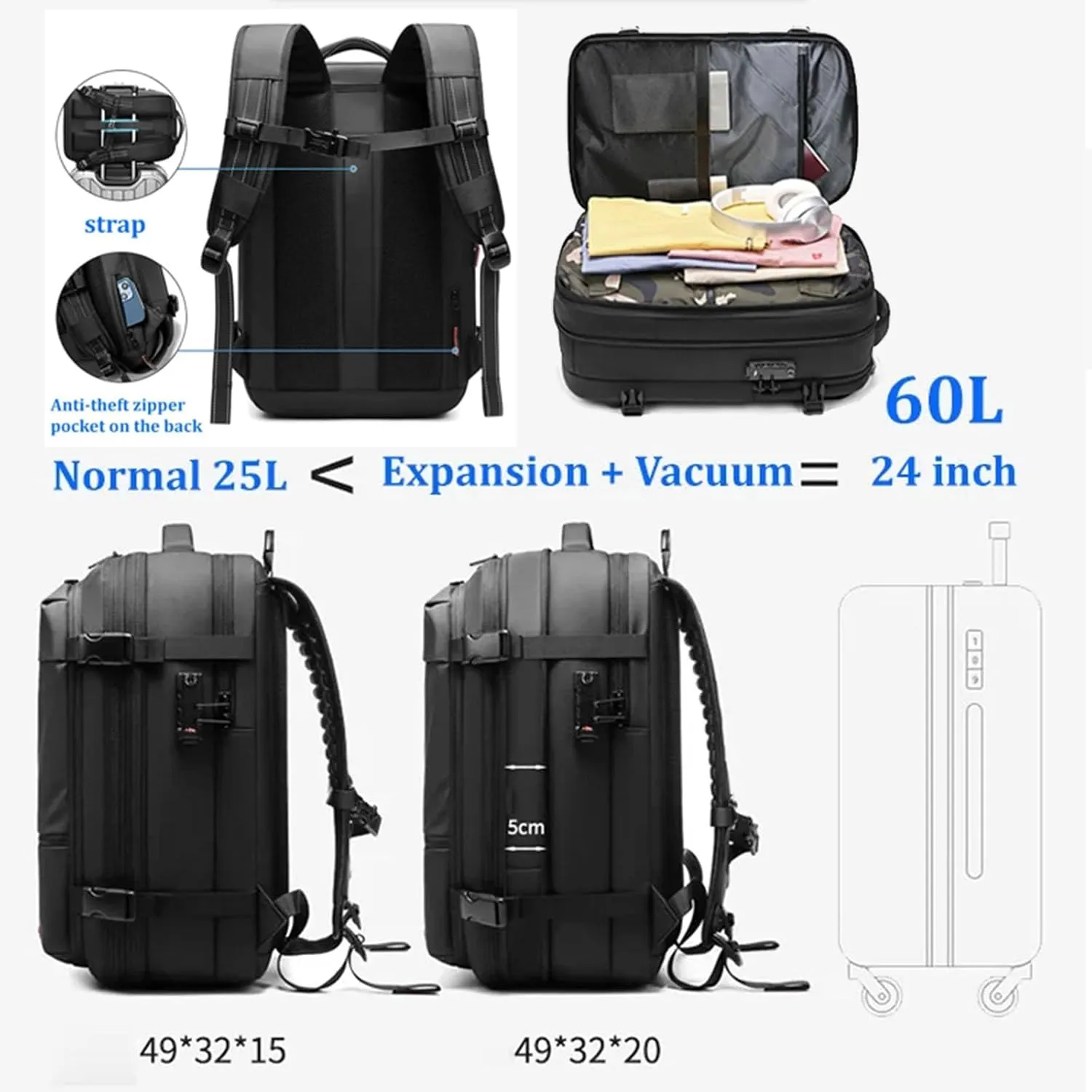 Veloutte Travel Backpack, 2025 Veloussette Prestige Space Bag, 60l Large-Capacity Travel Backpack Expandable with Compression (Black)